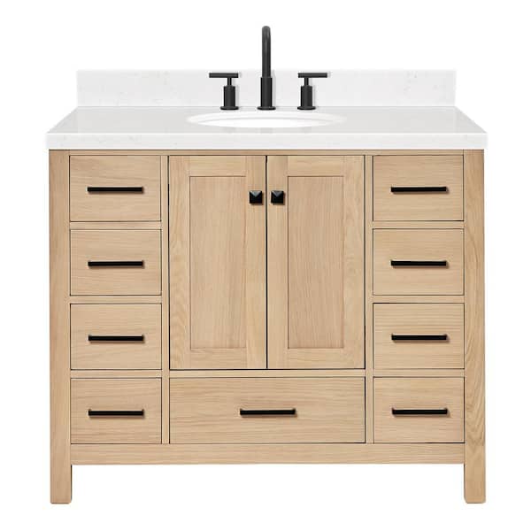 Cambridge 42 in. W x 22 in. D x 36 in. H Single Oval Sink Bath Vanity in Oak with Carrara White Quartz Top