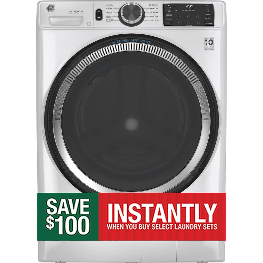 GE 4.8 Cu. Ft. Smart White Front Load Washer with OdorBlock UltraFresh Vent System and Sanitize with Oxi