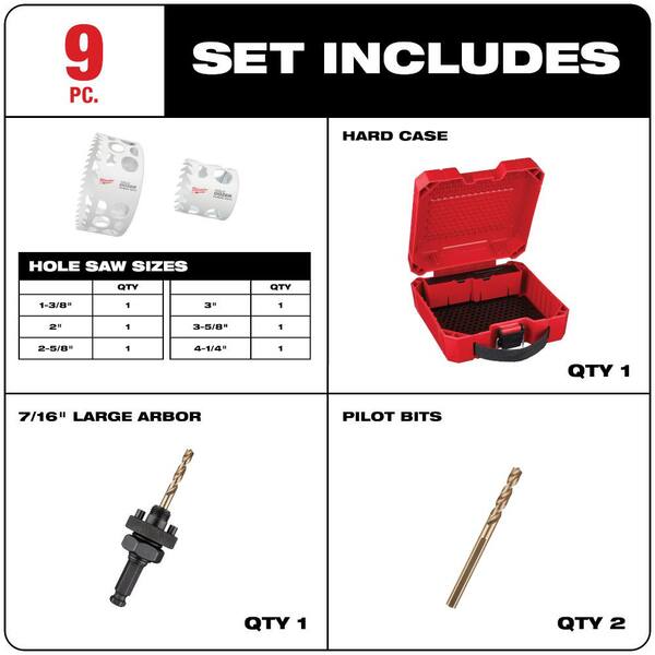 Milwaukee 49-22-3077 9 PC Hole Dozer Carbide Teeth Large Diameter Hole Saw Kit