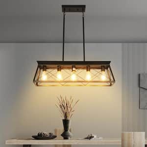 5-Light Black Modern Farmhouse Rectangular Box Chandelier for Dining Room with No Bulbs Included