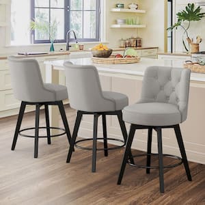 Rowland 26.5 in Seat Height Gray Upholstered Fabric Counter Height Solid Wood Leg Swivel Bar stool（Set of 3）