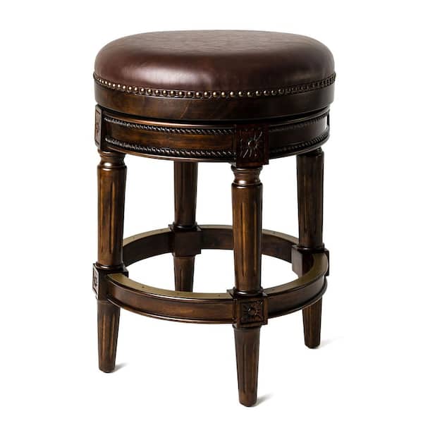 MAVEN LANE Pullman 26 in. Dark Walnut Backless Wooden Counter Stool with Luxe Vintage Brown Vegan Leather Upholstered Seat
