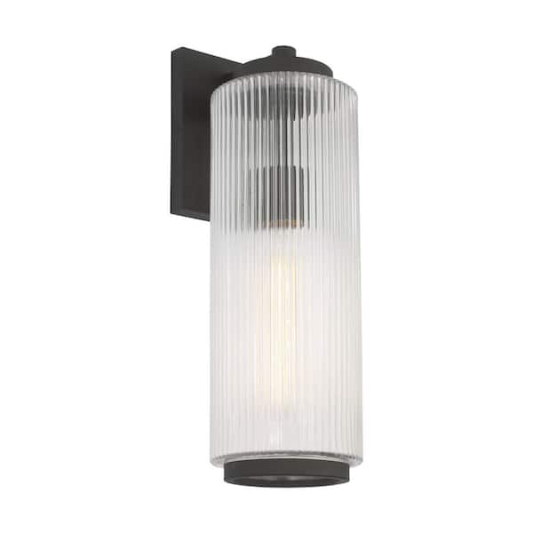 Ronde Large 18 in. Textured Black Outdoor Hardwired Wall Lantern Scone with Clear Ribbed Glass Shade