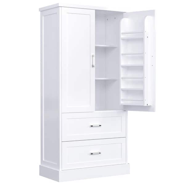 31.30 in. W x 16.00 in. D x 64.00 in. H White MDF Freestanding Linen Cabinet with Drawers and Adjustable Shelves