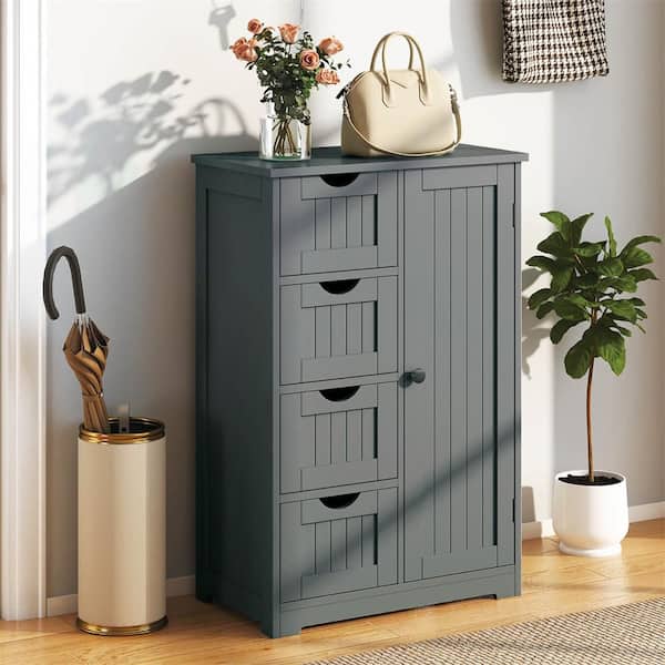 Costway Grey Wooden 4-Drawer Bathroom Cabinet Storage Cupboard 2