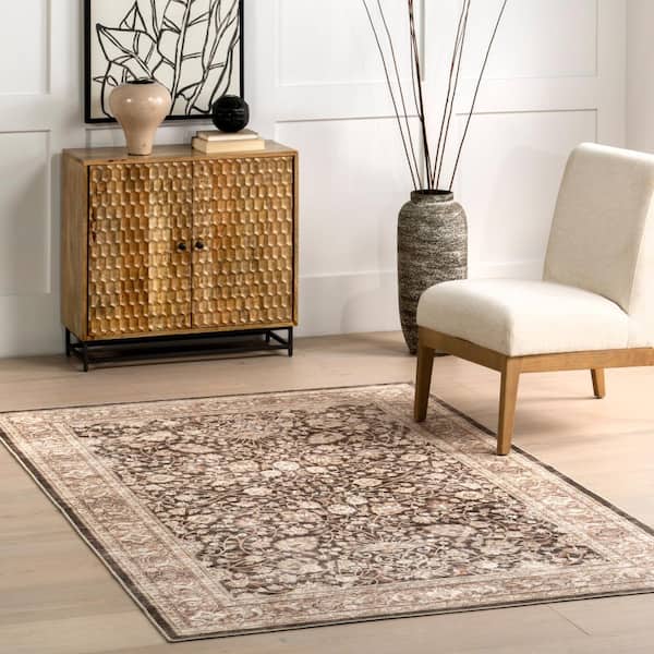 Cerise Floral Faded Spill-Proof Machine Washable Dark Brown 9 ft. x 12 ft. Area Rug