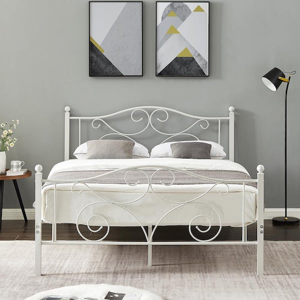 VECELO Bed Frame White Metal Frame Full Size Platform Bed Mattress Foundation Support with Headboard and Footboard Metal Bed