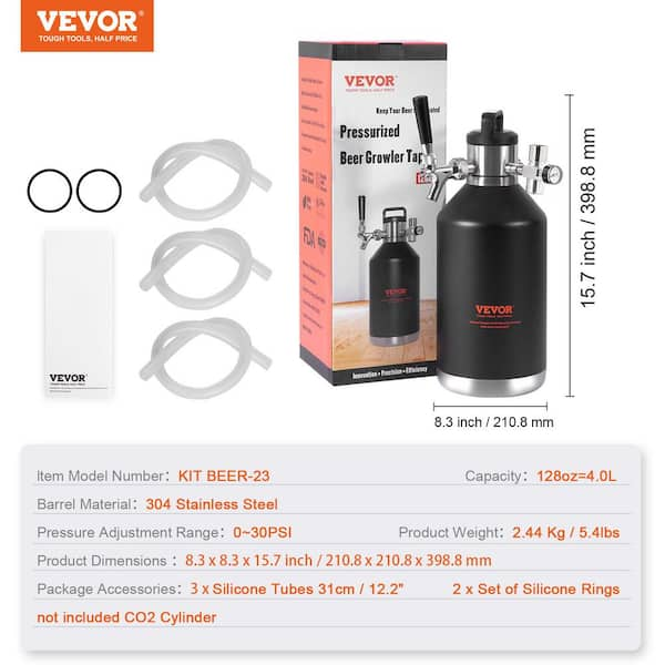 VEVOR Beer Growler Tap System 128 oz. 4L Mini Keg 304 Stainless Steel  Pressurized Beer Growler with Pressure Display MNPJTHSY128OZG02SV0 - The  Home Depot