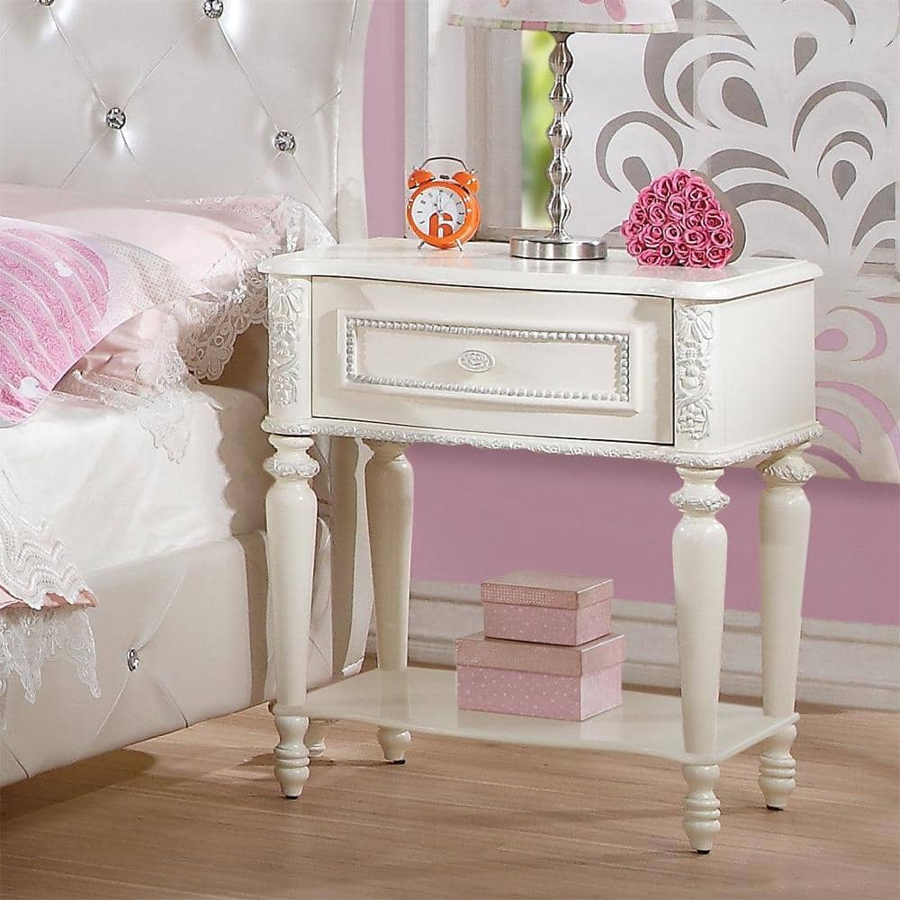 Ivory Floral Carved Wood 1-Drawer Nightstand