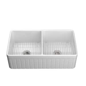 Baily 33 in. Undermount Double Bowls White Fireclay Farmhouse Apron Front Kitchen Sink with Grid and Strainer Included