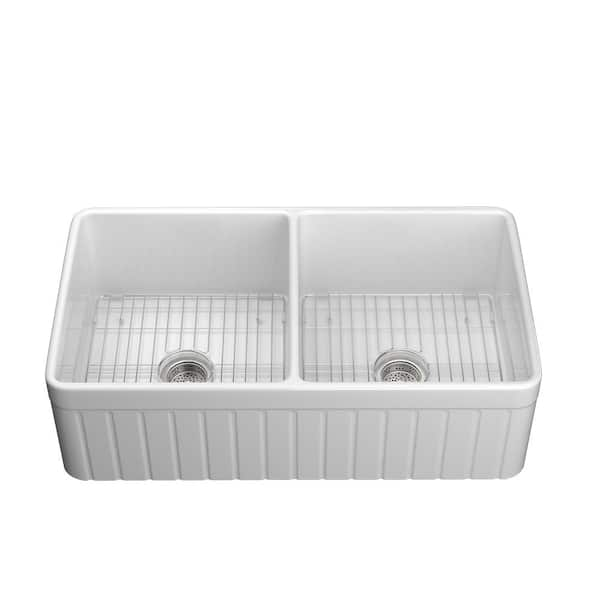 Baily 33 in. Undermount Double Bowls White Fireclay Farmhouse Apron Front Kitchen Sink with Grid and Strainer Included