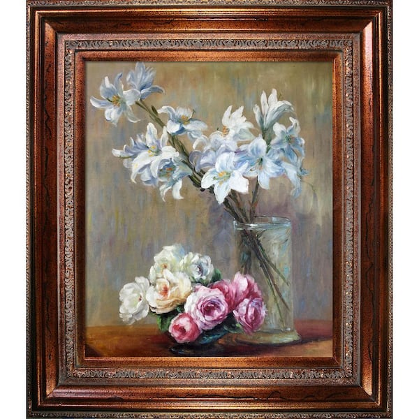 LA PASTICHE Roses and Lilies by Henri Fantin-Latour Mediterranean Bronze Framed Nature Oil Painting Art Print 30 in. x 34 in.