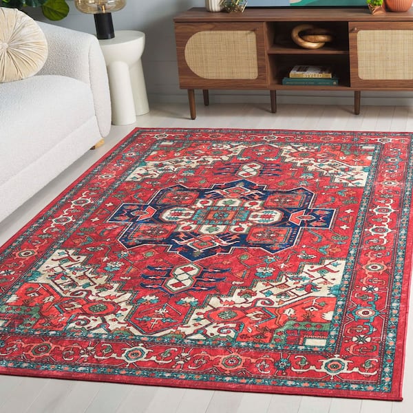 Orlando 9 ft. x 12 ft. Red/Beige Persian Medallion Washable Area Rug