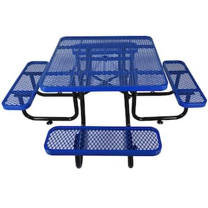 Modern 46 in. Blue Square Circular Solid Wood Picnic Table Seats 8 People with Umbrella Hole