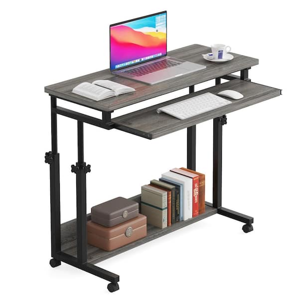 BYBLIGHT Moronia 31.5 in. Brown Portable Laptop Desk, Height Adjustable Laptop Rolling Table with Keyboard Tray on Wheels