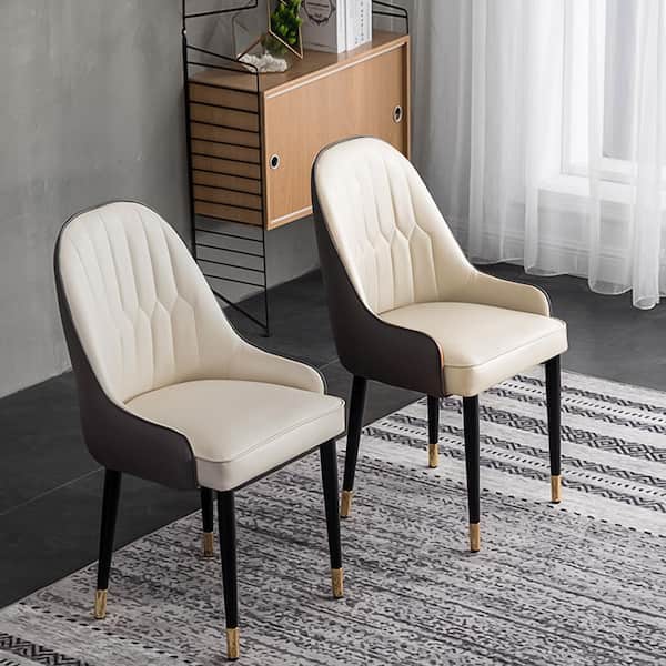 Black and White PU Leather Upholstered Modern Dining Chair with Solid Wood Legs (Set of 2)