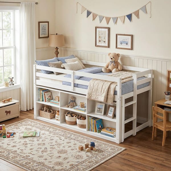 White Wood Frame Twin Panel Bed with 6-Open Shelves and Underbed Play Space