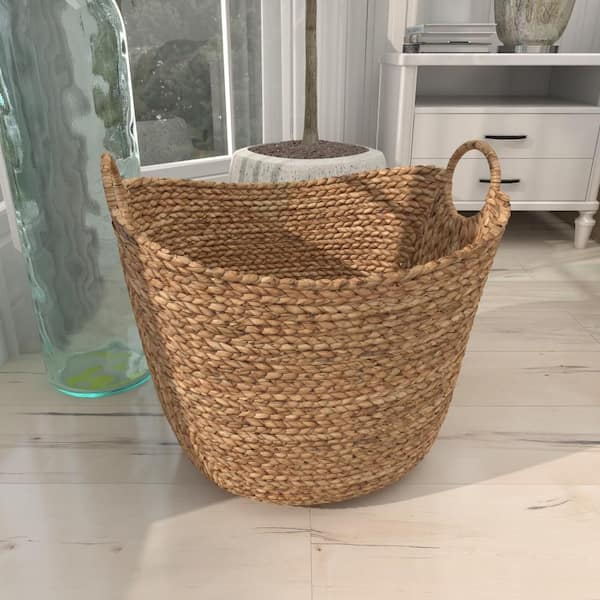 Deco 79 Seagrass Handmade Large Woven Storage Basket with Ring Handles, 20  x 18 x 19, Brown
