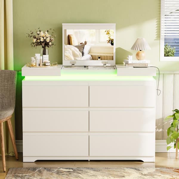 PAKASEPT White 6-Drawers 47.2 in. Width Bedroom Dresser Jewelry Armoire Makeup Island with Glass Top and Shoe Bench