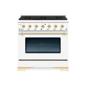 CLASSICO 36" 5.2CuFt. 6 Burner Freestanding Dual Fuel Range with Gas Stove and Electric Oven, White with Brass Trim