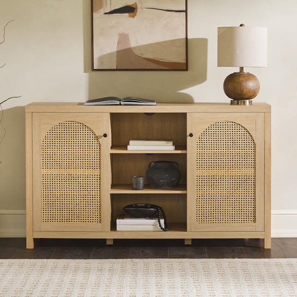 Walker Edison Furniture Company Modern Coastal Oak Wood 58 in. Sideboard with Arched Rattan Panels
