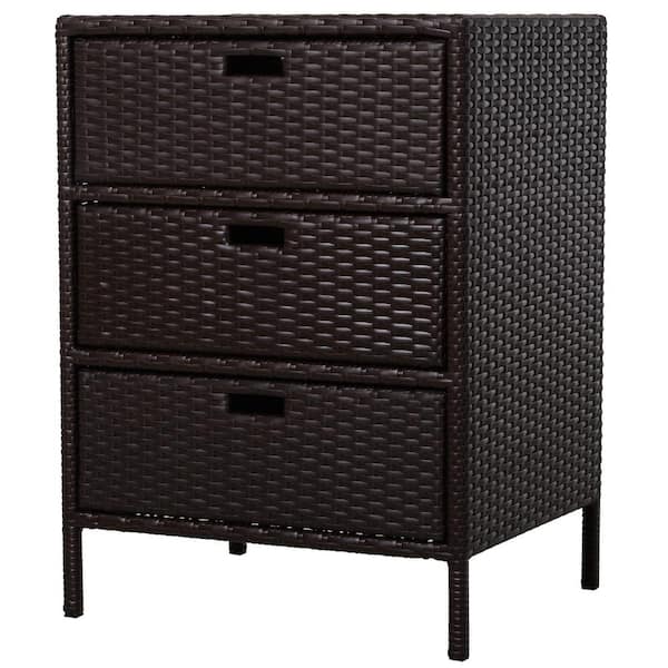 Outsunny 23.5" W x 19.75" D x 32" H Poolside Steel Frame Plastic Rattan Patio Cabinet w/3-Drawers & Weather-Fighting Material