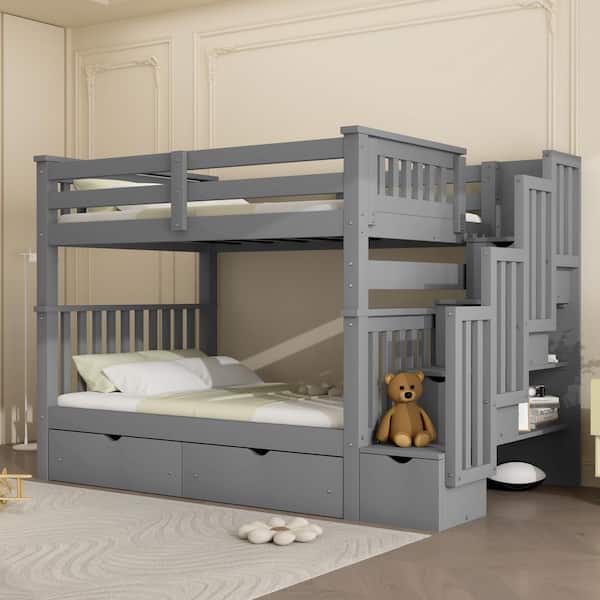 Qualler Gray Full Over Full Bunk Bed with Shelves and 6 Storage Drawers