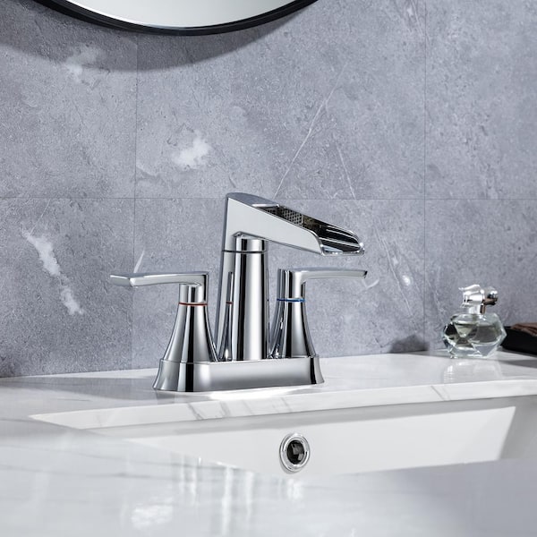 Waterfall Spout 4 in. Centerset 2-Handle Lavatory Bathroom Faucet with Drain Kit Included in Chrome