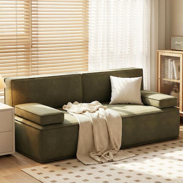 79 in. Modern Olive Green Armless Velvet Polyester Rectangle Sleeper Sofa with 2 Pillows Olive Green