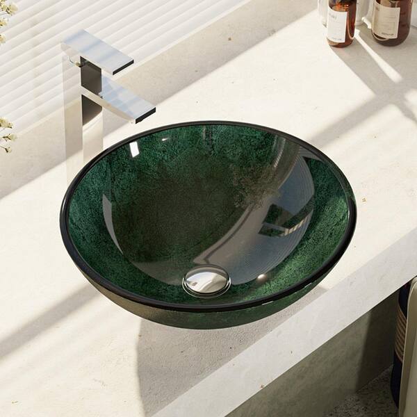 Rene Glass Vessel Sink in Woodland Green and Black with R9-7003 Faucet and Pop-Up Drain in Chrome