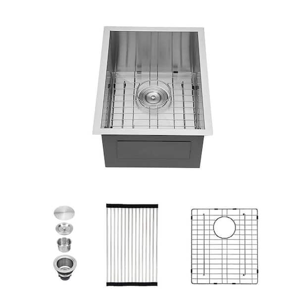 15 in. Undermount Single Bowl 16 Gauge Brushed Nickel Stainless Steel Kitchen Sink with Dish Grid