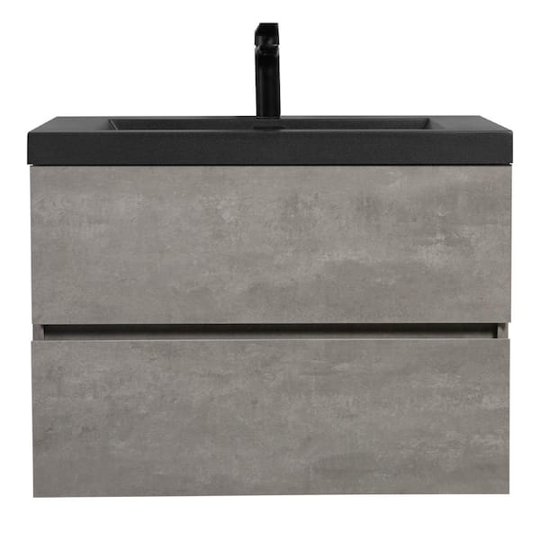 29.50 in. W Wall Mounted Bath Vanity in Gray with Black Quartz Sand Top