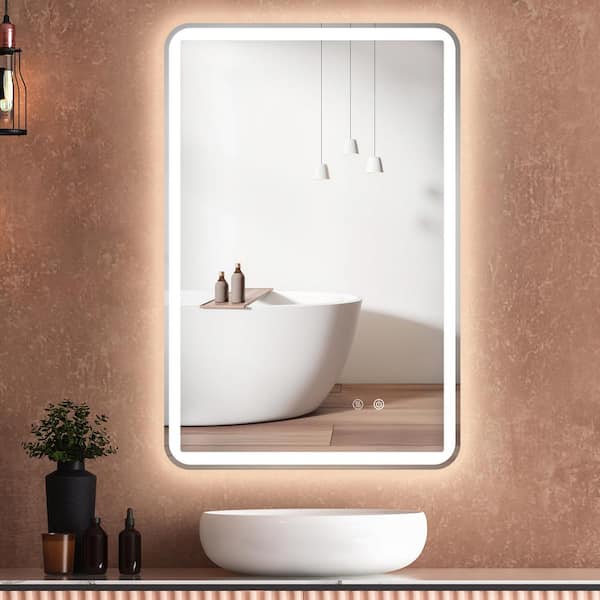 Getpro 24 in. W x 36 in. H Large Rectangular Frameless Anti-Fog Dimmable Wall Mounted Lighted Bathroom Vanity Mirror in Silver