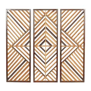 Rectangle Geometric Slatted Wood Design Brown Wall Decor (Set of 3)