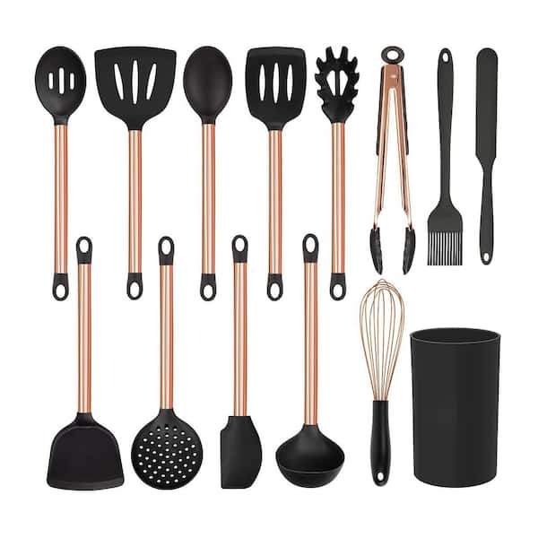 14-Piece Gold Black Silicone Stainless Steel Kitchen Utensil Set Nonstick Heat Resistant Cookware Accessory Set