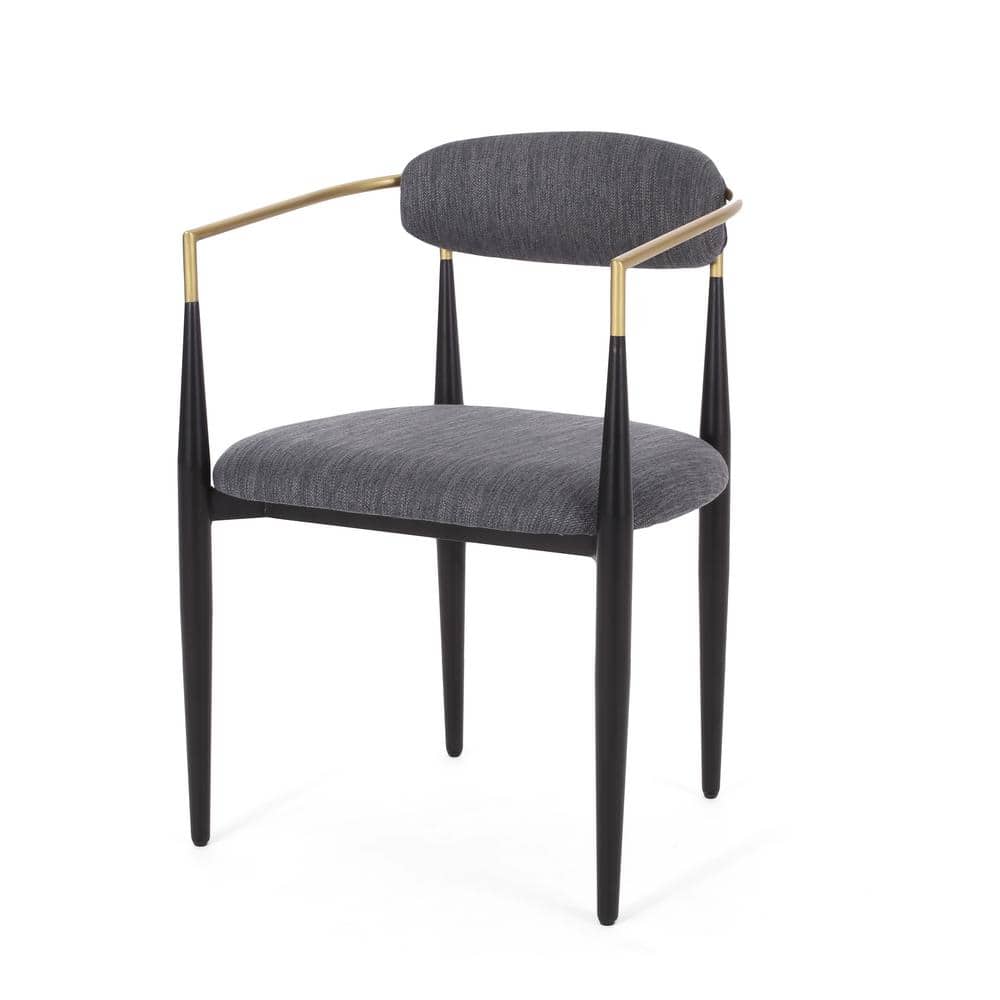 Gray Upholstered Metal Dining Chairs with Gold Detailing, Set of 2