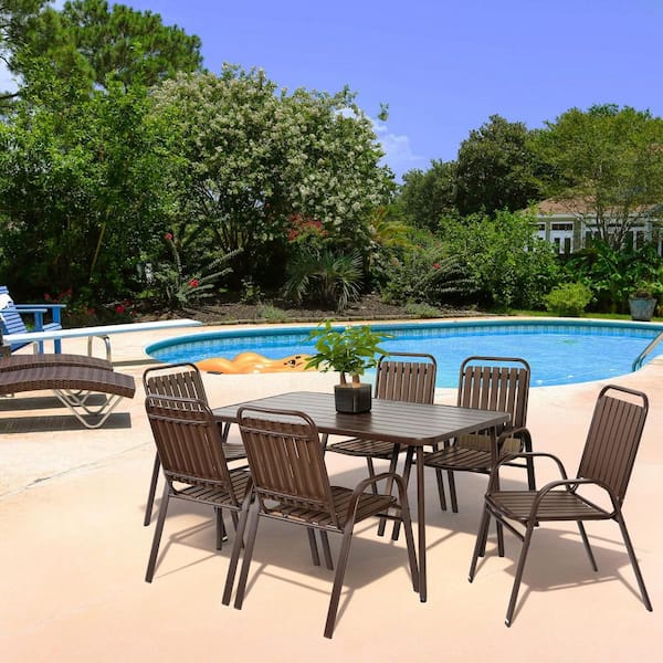 Brown Outdoor 7-Piece Patio Metal Dining Set with Plastic Chair and Steel Table