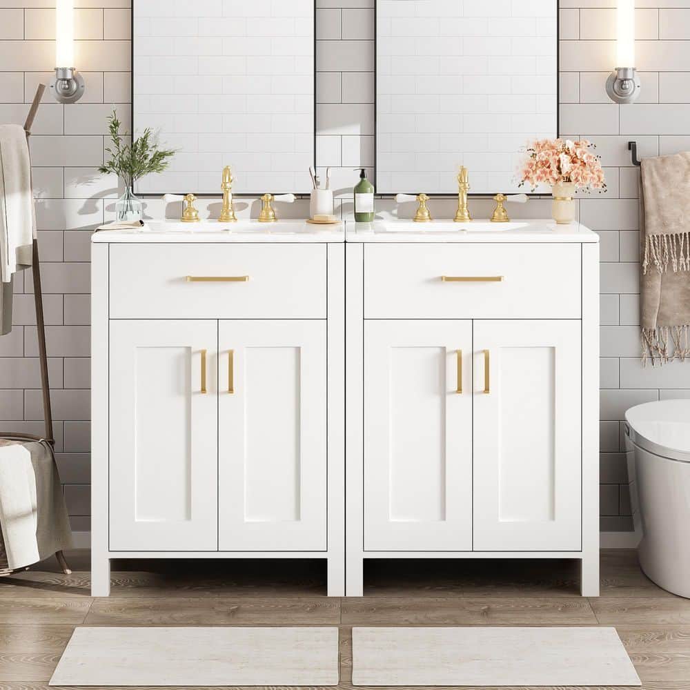 48 in. Double Sink Freestanding White Bath Vanity with White Ceramic Top, Soft-Close Doors, Flip Drawer price history on PriceWatchPro