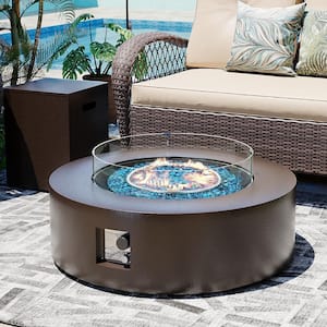 42 in. Round Iron Outdoor Fire Pit Table with Tank Cover, Lid, Glass Cover and Rain Cover in Brown