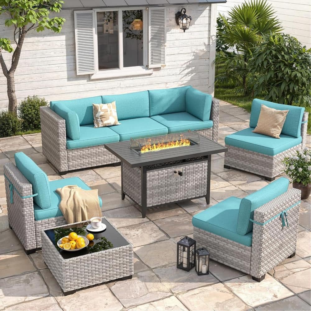 8-Piece Wicker Outdoor Patio Conversation Seating Set with Blue Cushions & 55,000 BTU Fire Pit Table price history on PriceWatchPro