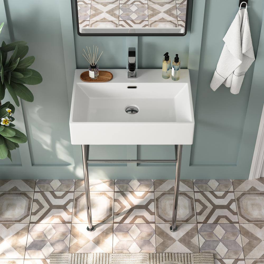 White Ceramic Rectangular Wall-Mount Console Sink with Stainless Steel Legs