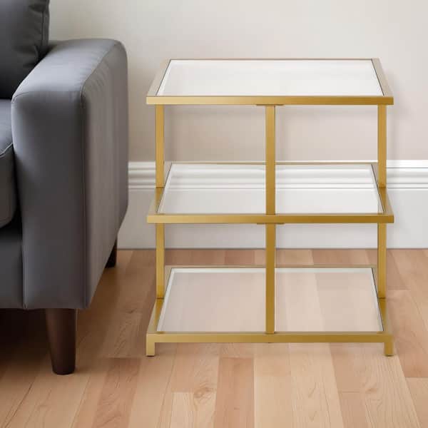 HomeRoots 22 in. Brass Square Glass End Table