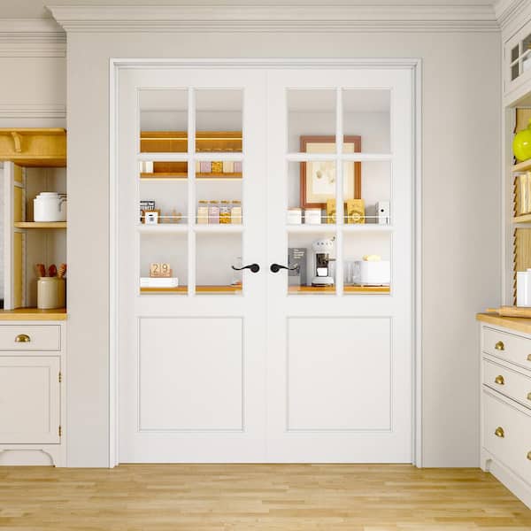 64 in. x 96 in. 6-Lite Clear Glass Universal White Solid Core Wood Double Prehung French Door + Quick Assemble Jamb