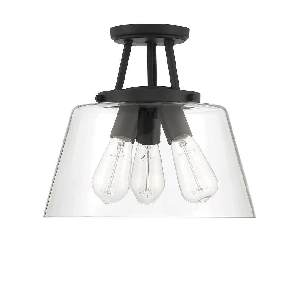 Calhoun Matte Black and Clear Glass 3-Light Semi-Flush Mount