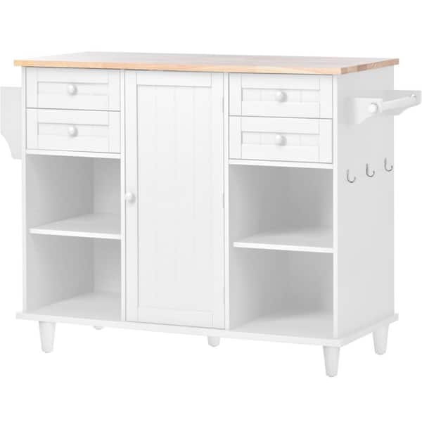 Polibi White Kitchen island cart with Spice Rack, Towel Rack, Drawers