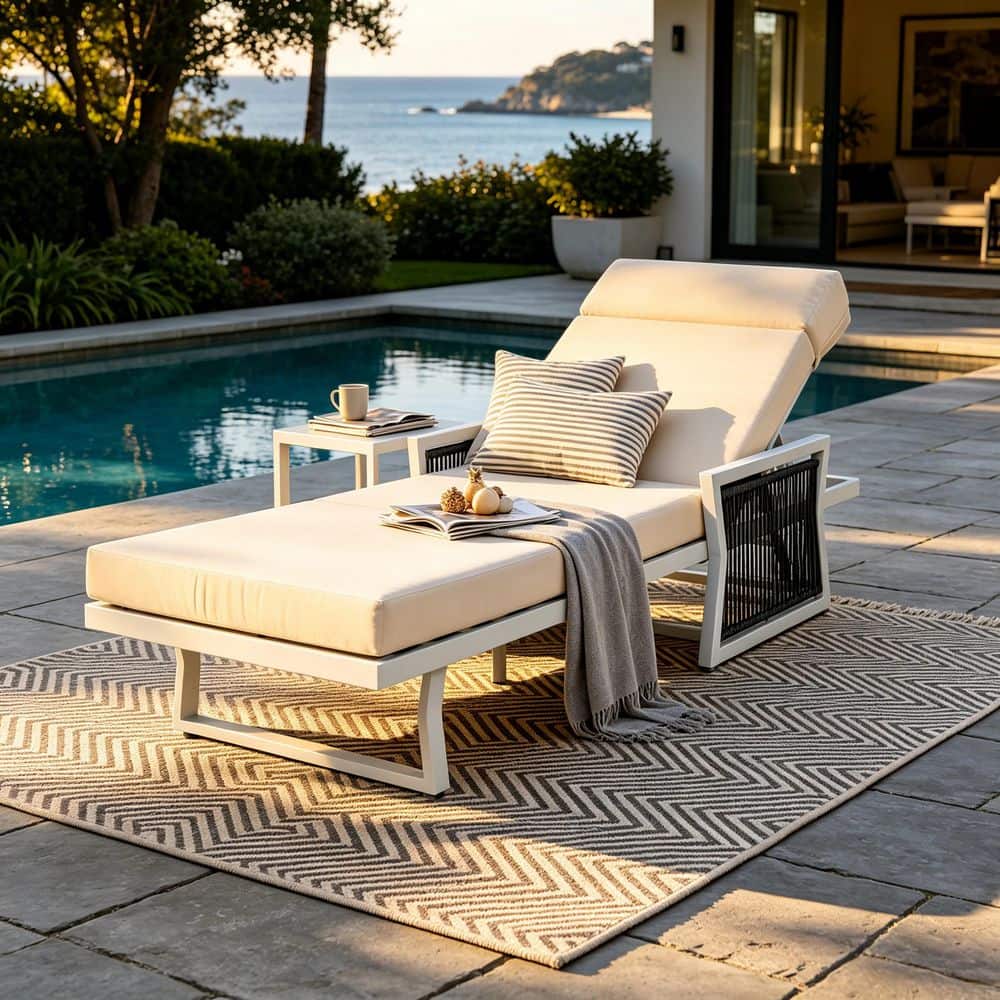 Fred White Metal Outdoor Patio Chaise Lounge with Cream 4-Fold Cushion and Black Rope Armrests