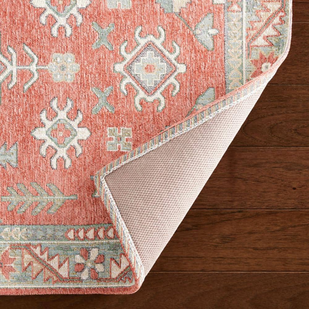 Coral and Gray Rectangular Washable Cotton Kitchen Mat