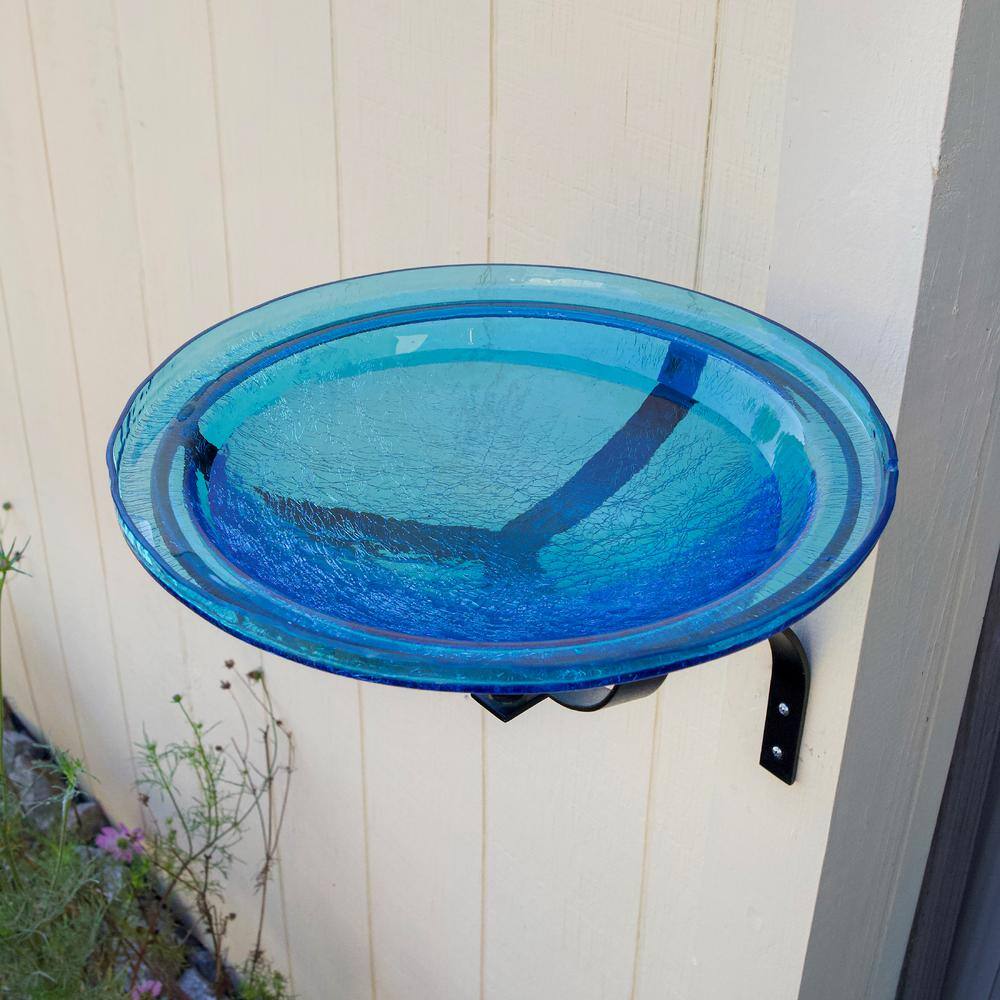Teal Crackle Glass Birdbath Bowl with Wall Mount Bracket