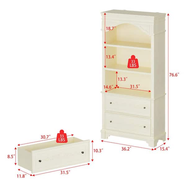 FUFU&GAGA 76.6 in. Tall Vintage White Wood 3-Shelf Accent Bookcase