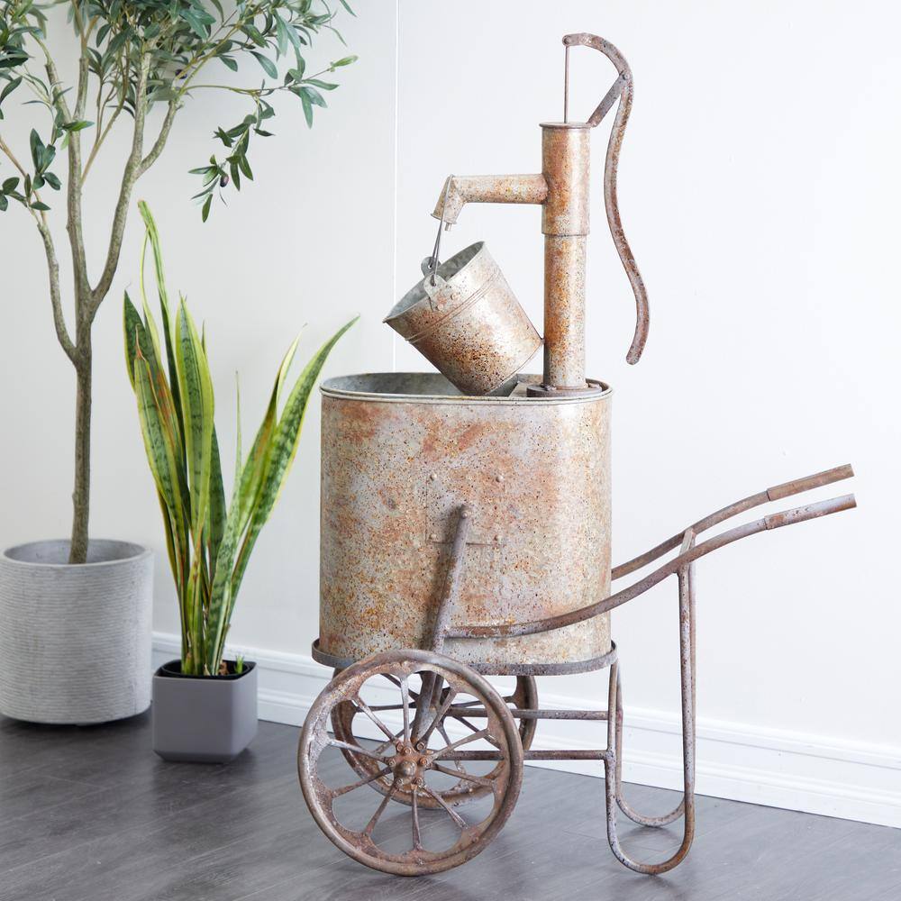 Vintage Brown Metal Hand Pump Fountain with Pail and Tub